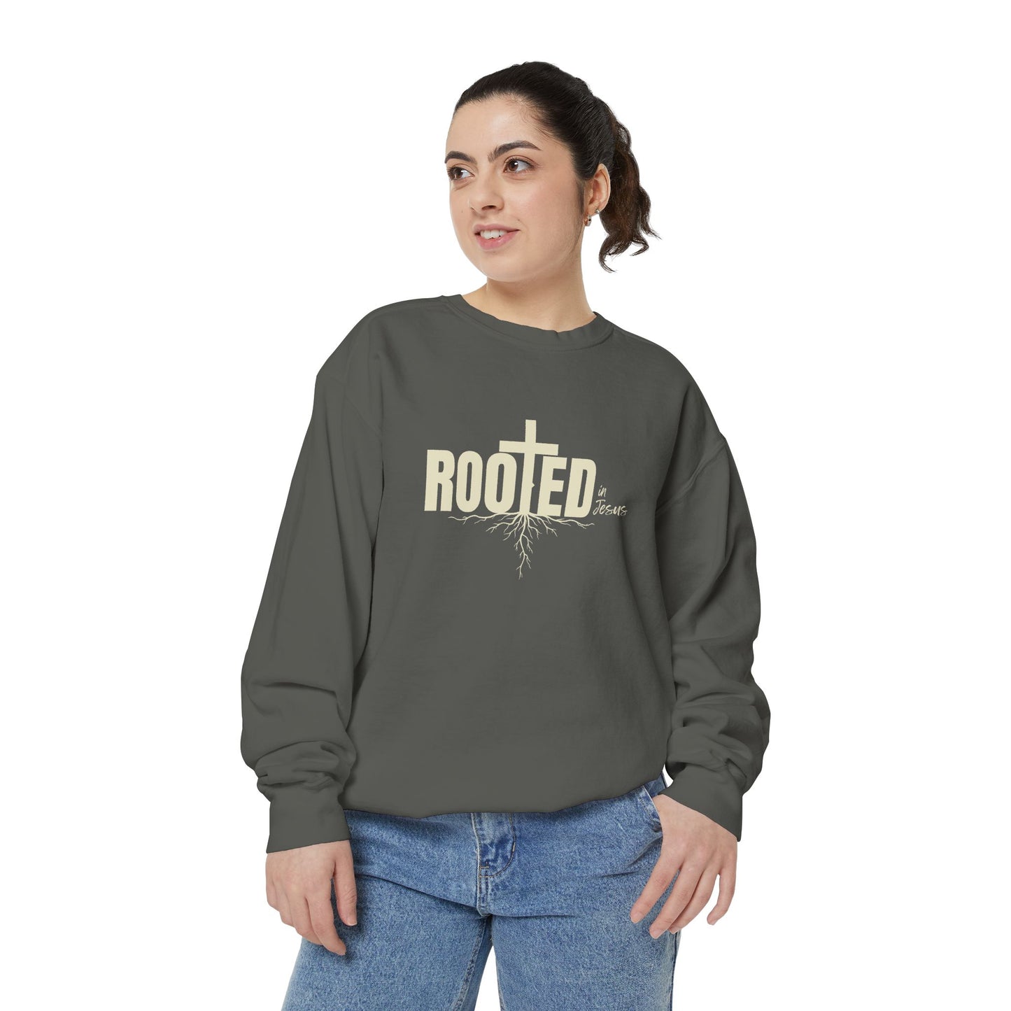Rooted In Jesus Sweatshirt, Cozy Faith Apparel, Unisex Garment-Dyed Sweatshirt