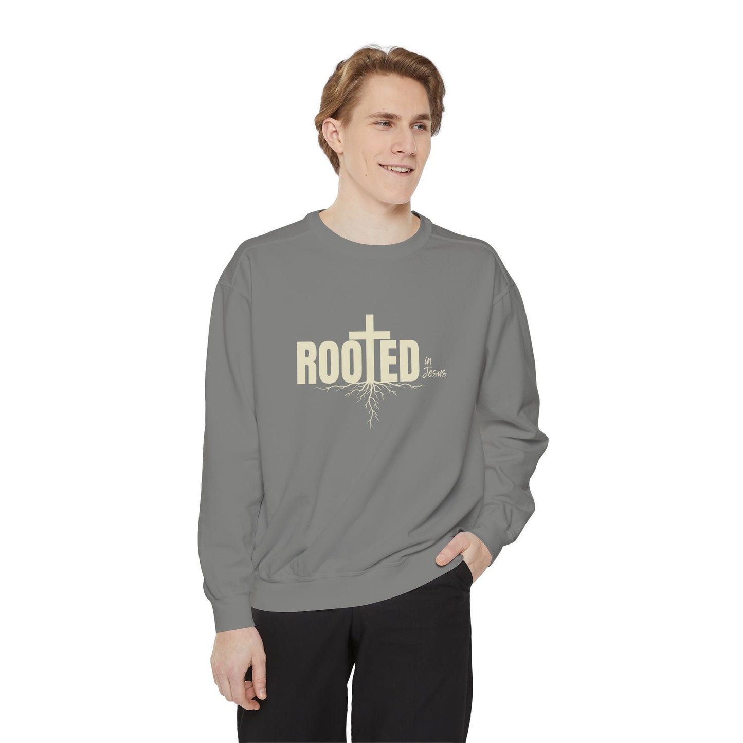 Rooted In Jesus Sweatshirt, Cozy Faith Apparel, Unisex Garment-Dyed Sweatshirt