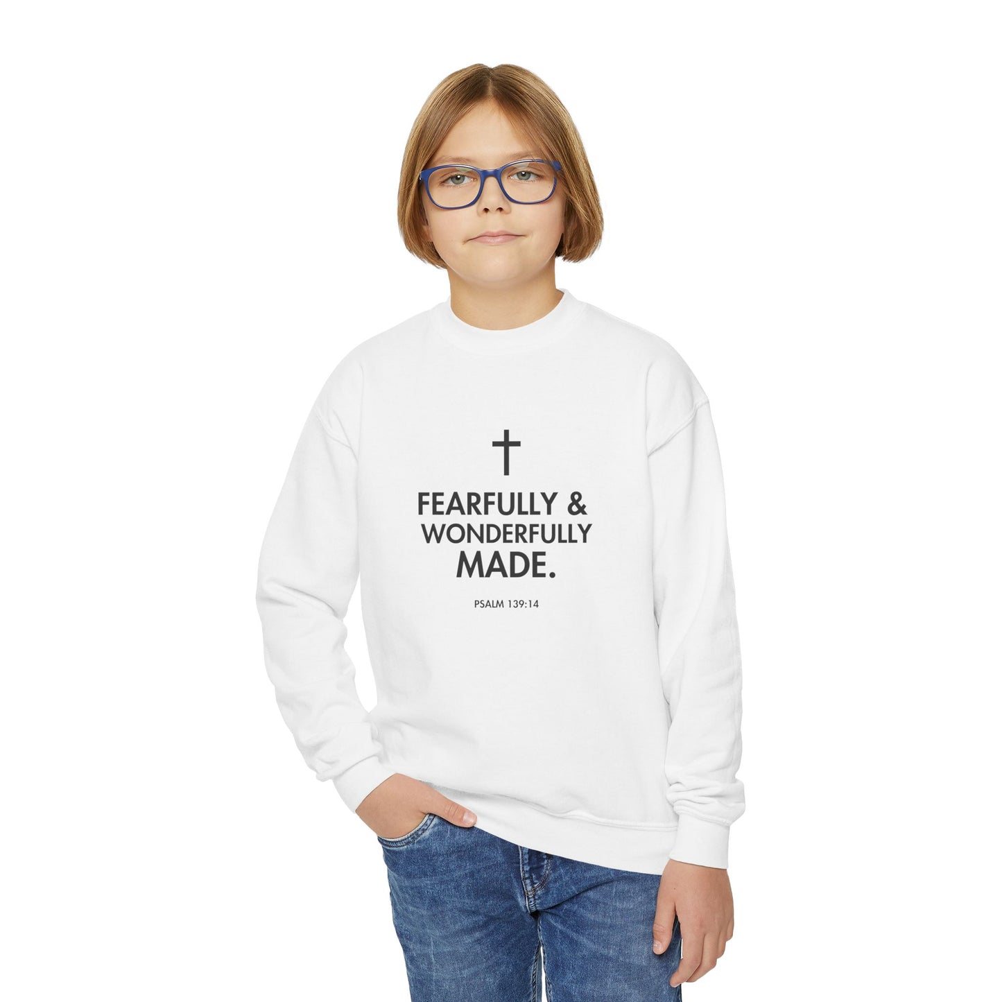 Fearfully & Wonderfully Made, Youth Crewneck Sweatshirt, Faith-Inspired Gift, Christian Apparel
