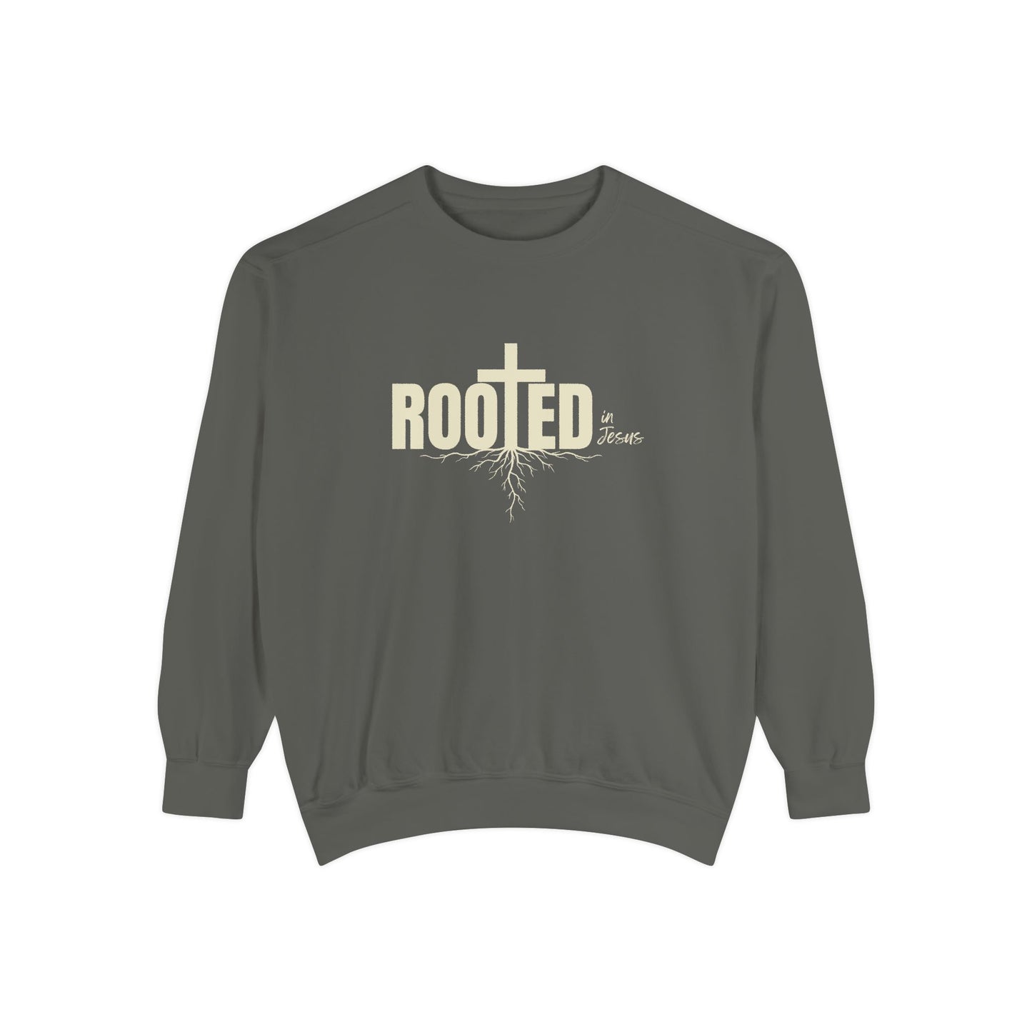 Rooted In Jesus Sweatshirt, Cozy Faith Apparel, Unisex Garment-Dyed Sweatshirt