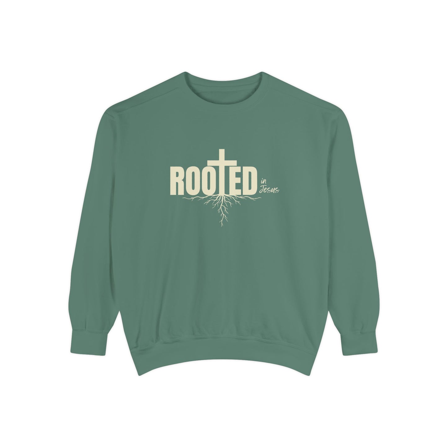 Rooted In Jesus Sweatshirt, Cozy Faith Apparel, Unisex Garment-Dyed Sweatshirt