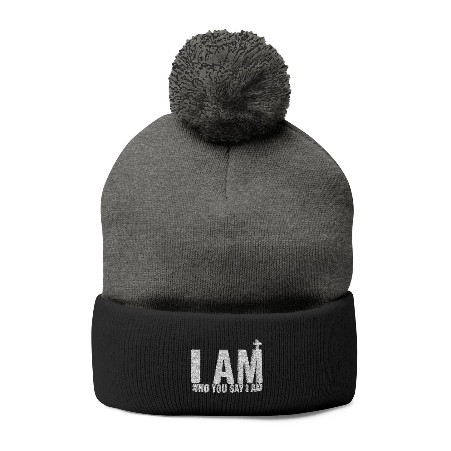 I Am Who You Say I Am, Cozy Embroidered Pom-Pom Knit Cap, Winter Hat, Beanie, Gift for Her, Customizable Cap, Warm Accessories