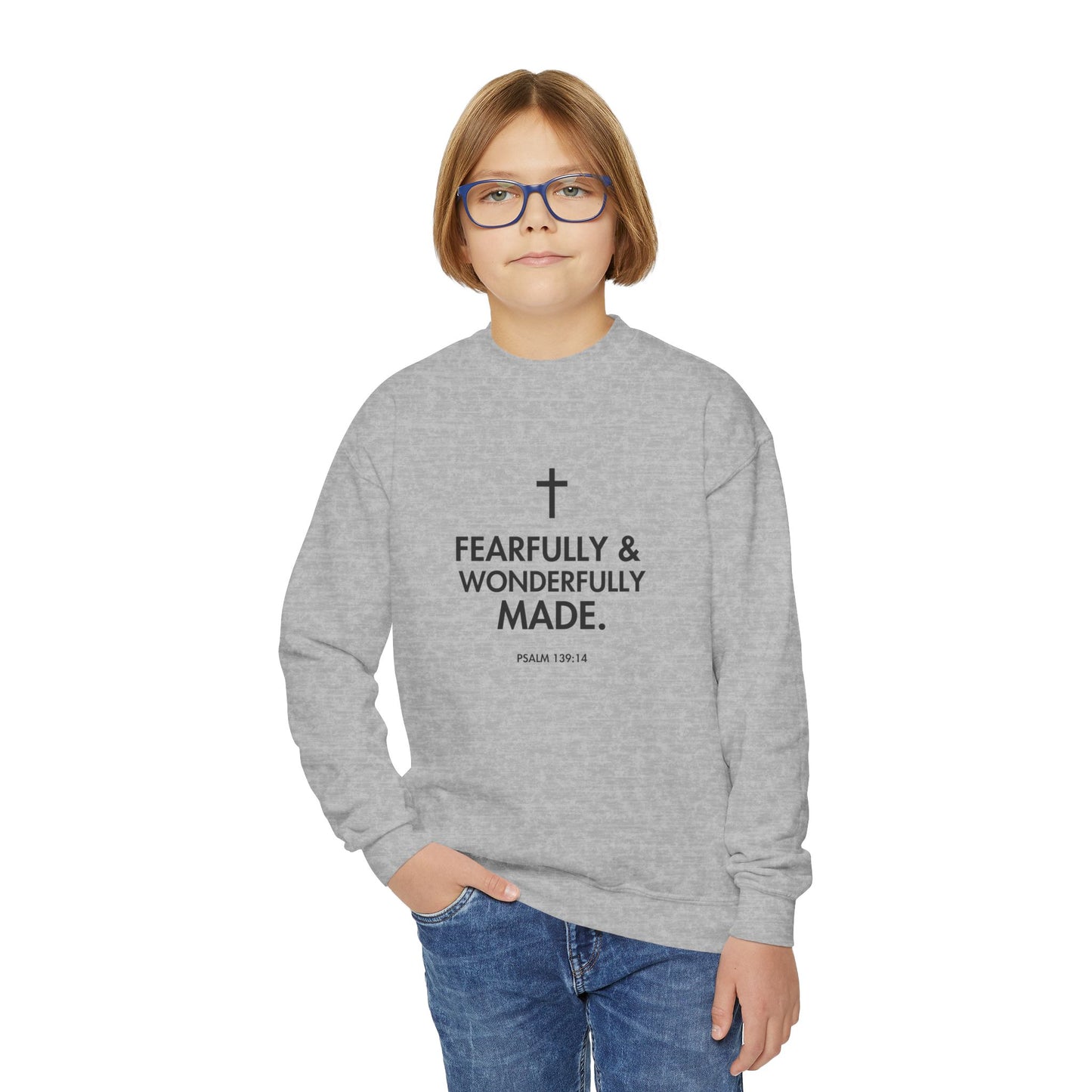 Fearfully & Wonderfully Made, Youth Crewneck Sweatshirt, Faith-Inspired Gift, Christian Apparel