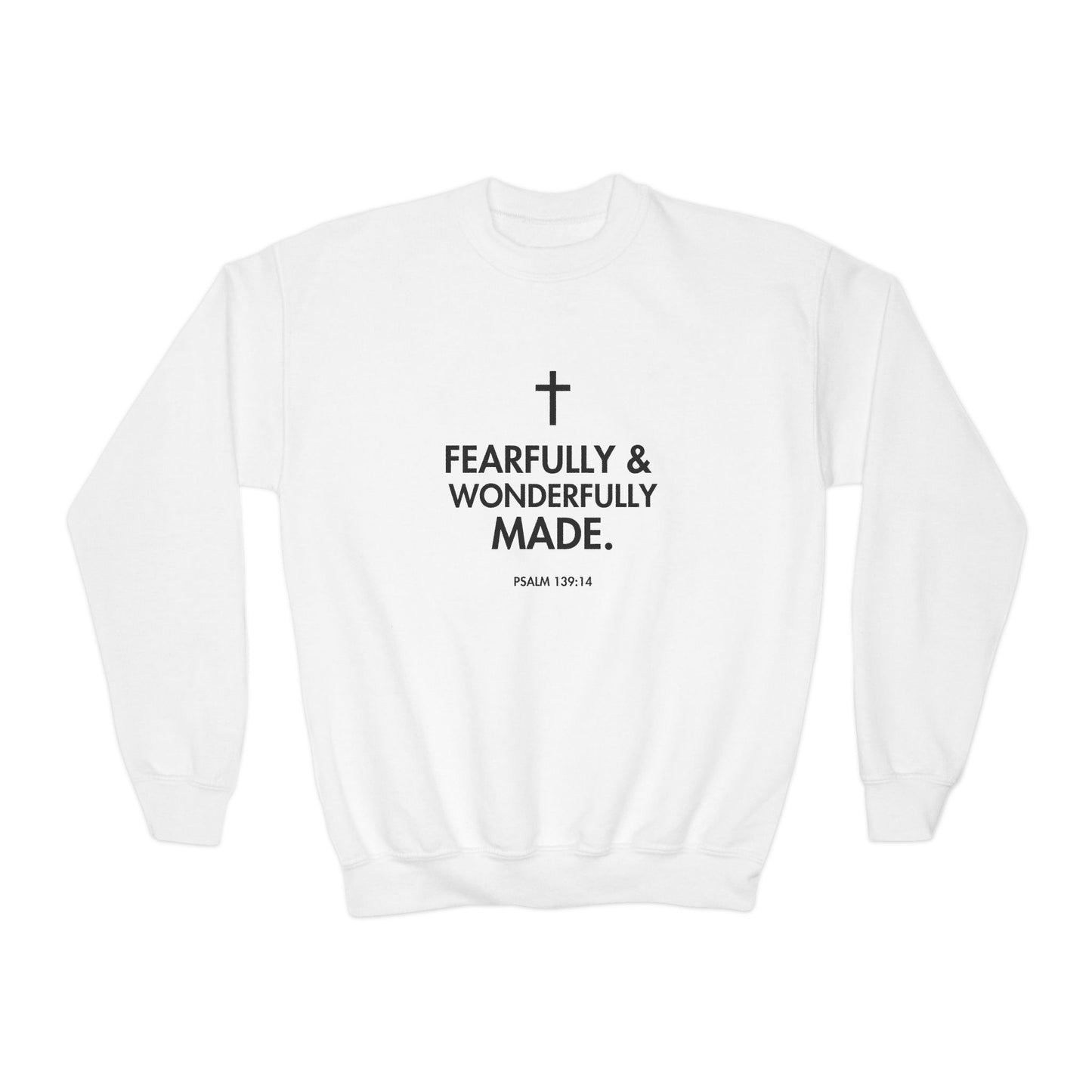 Fearfully & Wonderfully Made, Youth Crewneck Sweatshirt, Faith-Inspired Gift, Christian Apparel