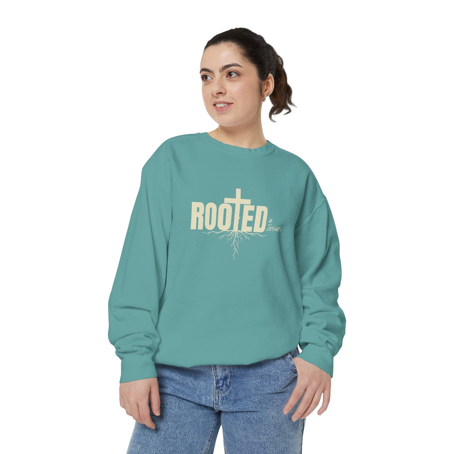 Rooted In Jesus Sweatshirt, Cozy Faith Apparel, Unisex Garment-Dyed Sweatshirt