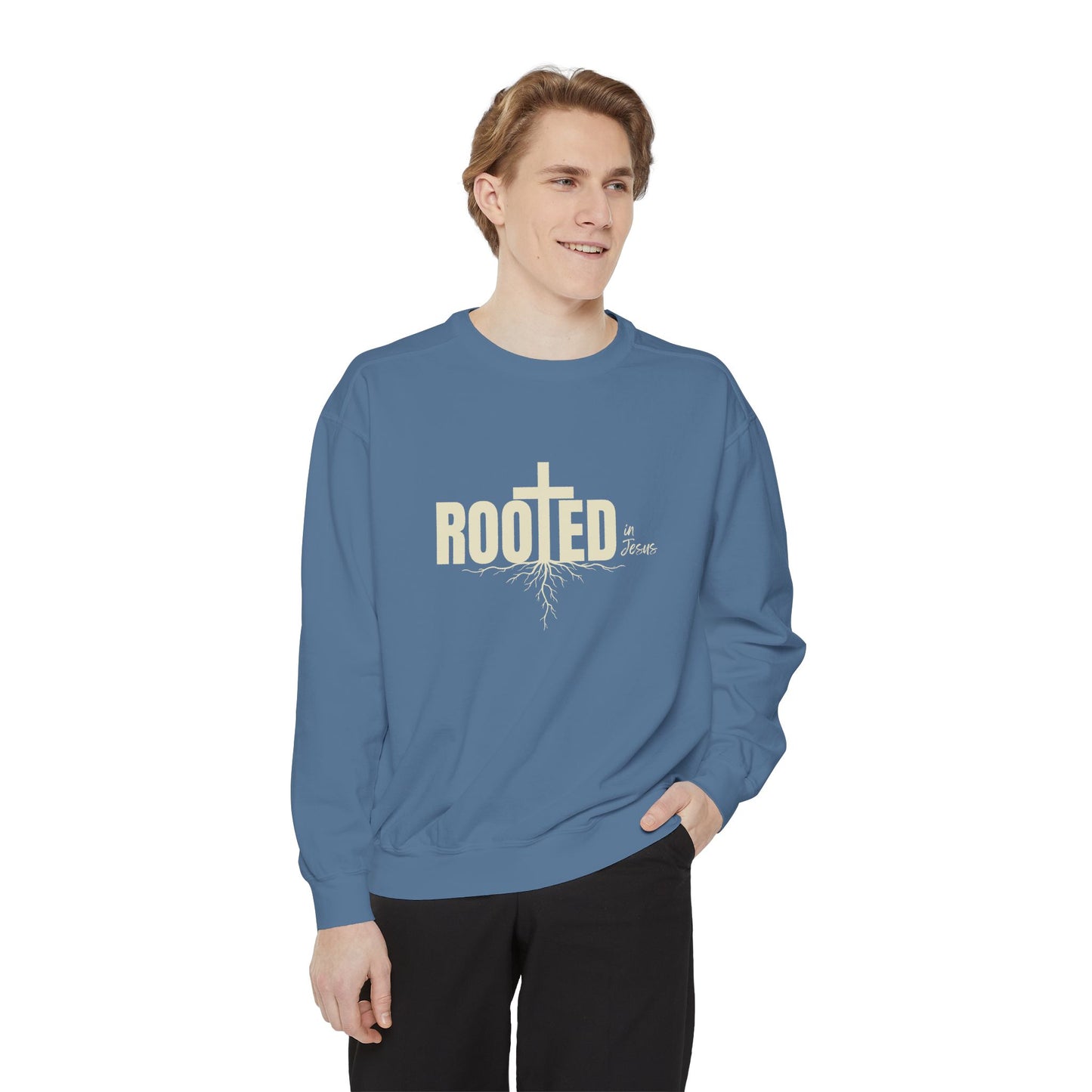 Rooted In Jesus Sweatshirt, Cozy Faith Apparel, Unisex Garment-Dyed Sweatshirt