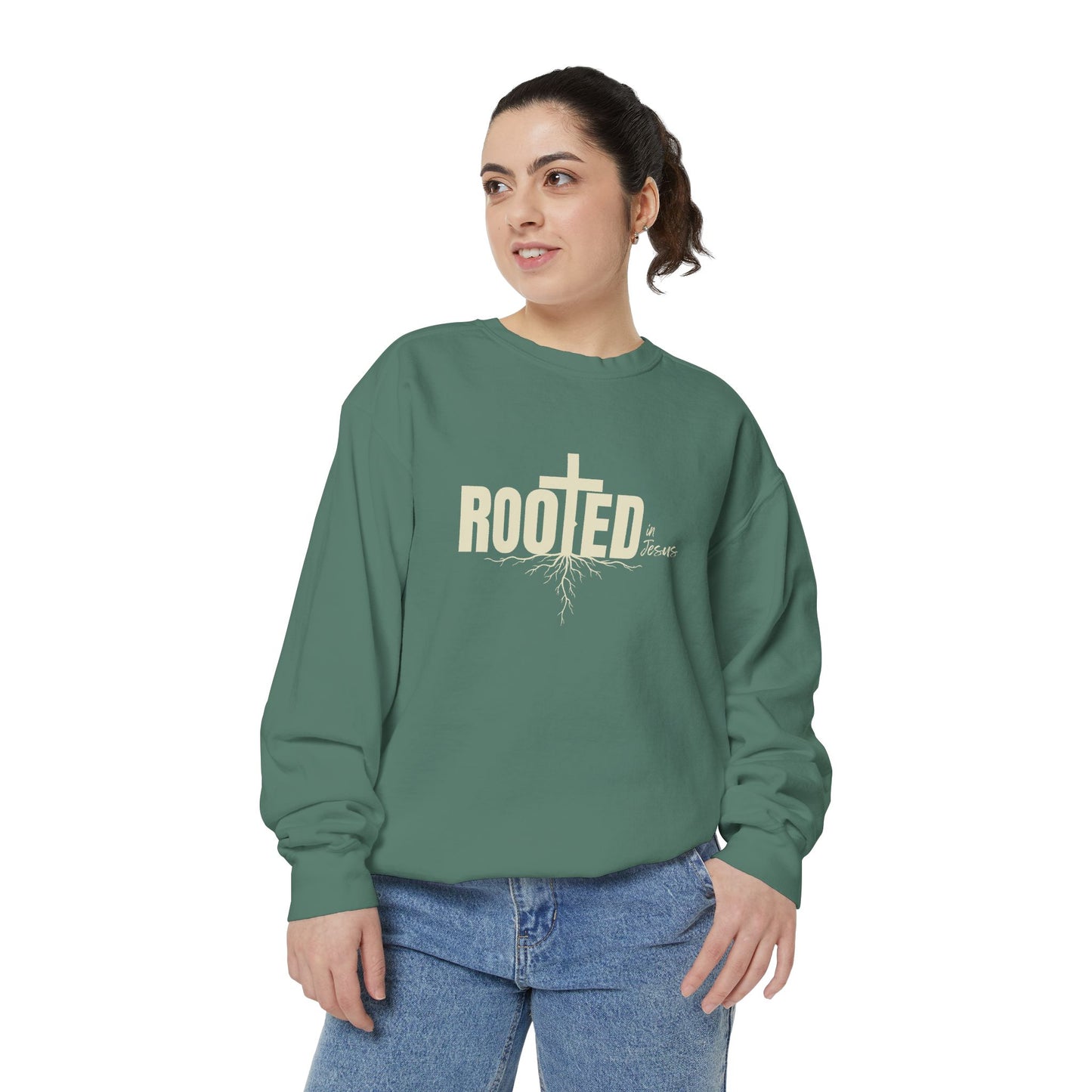 Rooted In Jesus Sweatshirt, Cozy Faith Apparel, Unisex Garment-Dyed Sweatshirt