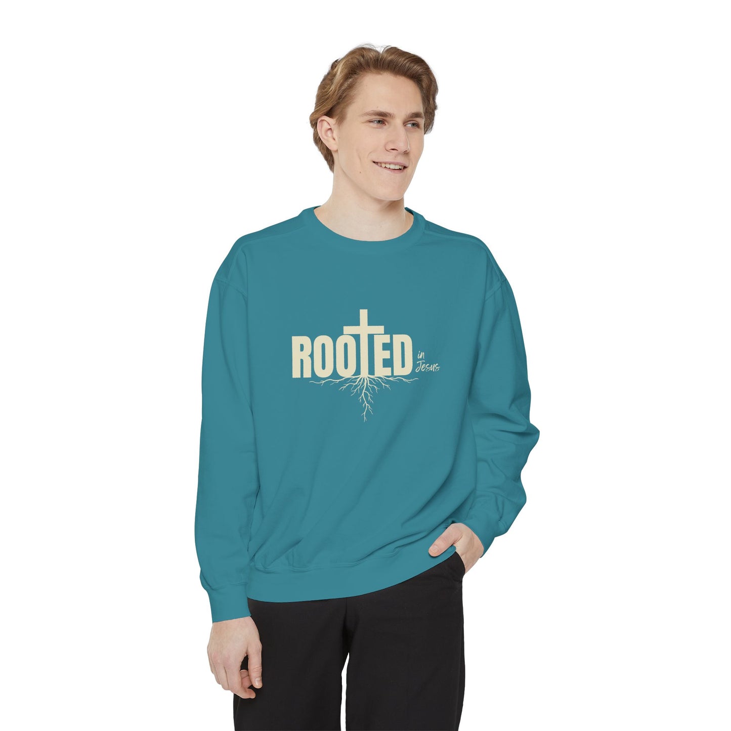Rooted In Jesus Sweatshirt, Cozy Faith Apparel, Unisex Garment-Dyed Sweatshirt