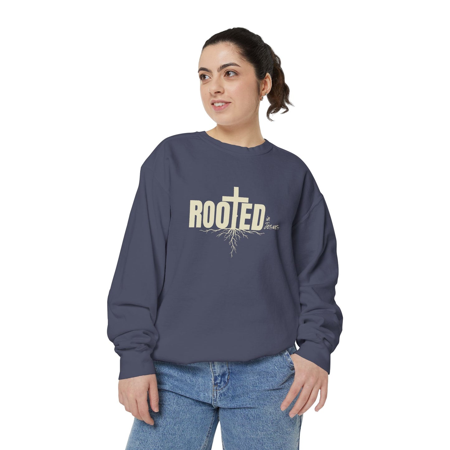 Rooted In Jesus Sweatshirt, Cozy Faith Apparel, Unisex Garment-Dyed Sweatshirt
