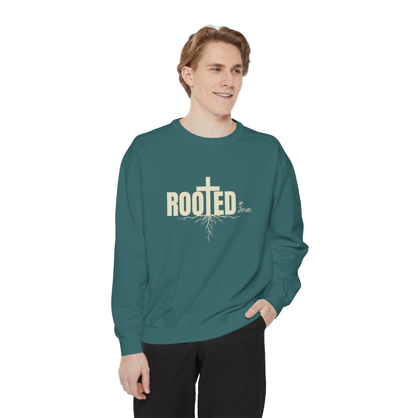 Rooted In Jesus Sweatshirt, Cozy Faith Apparel, Unisex Garment-Dyed Sweatshirt