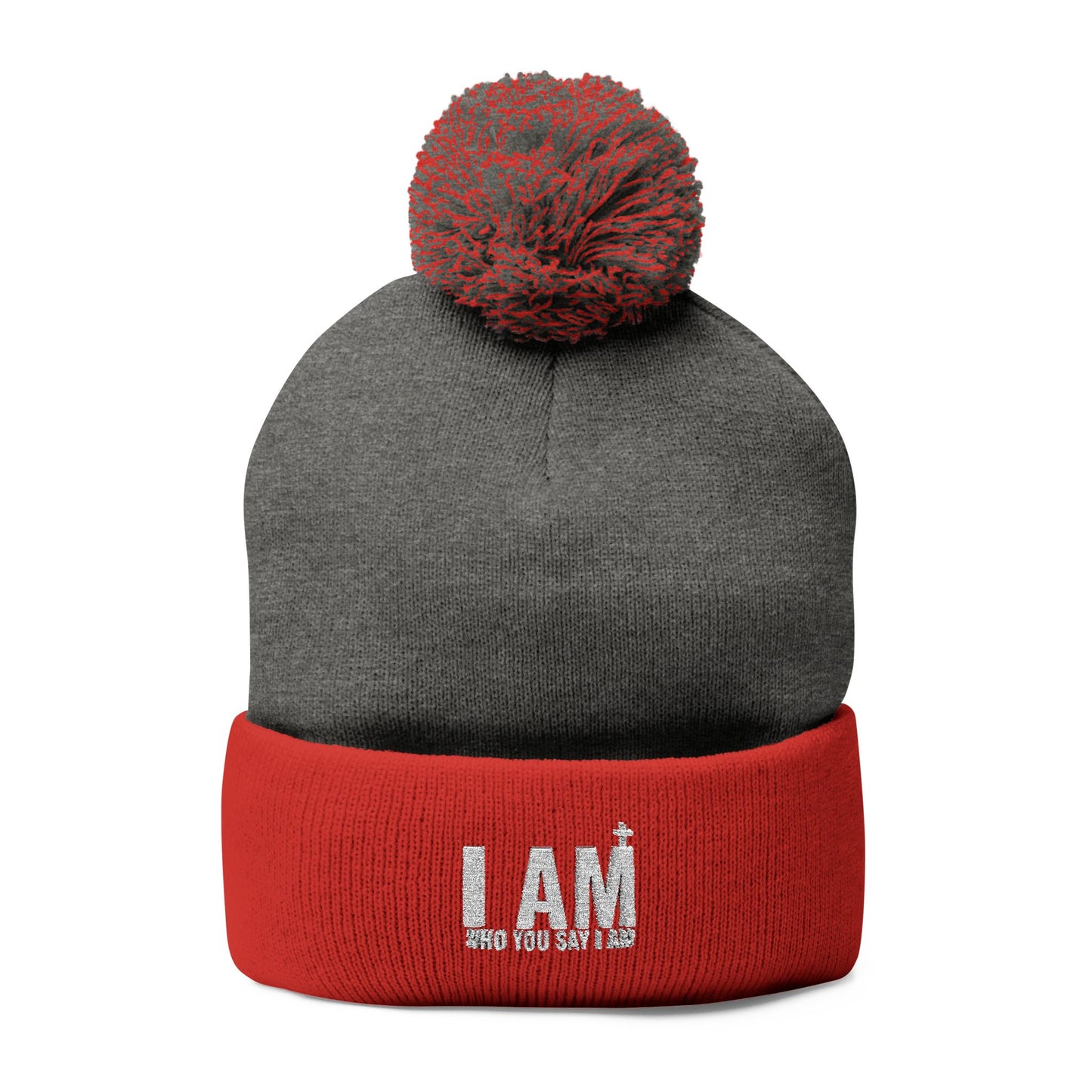 I Am Who You Say I Am, Cozy Embroidered Pom-Pom Knit Cap, Winter Hat, Beanie, Gift for Her, Customizable Cap, Warm Accessories