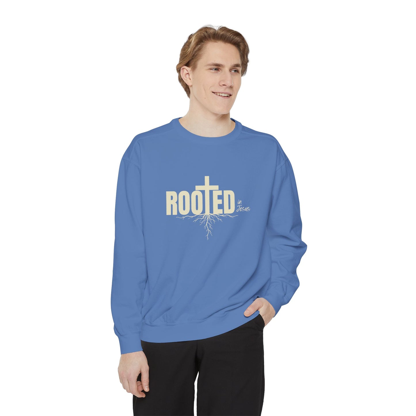 Rooted In Jesus Sweatshirt, Cozy Faith Apparel, Unisex Garment-Dyed Sweatshirt