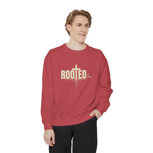 Rooted In Jesus Sweatshirt, Cozy Faith Apparel, Unisex Garment-Dyed Sweatshirt