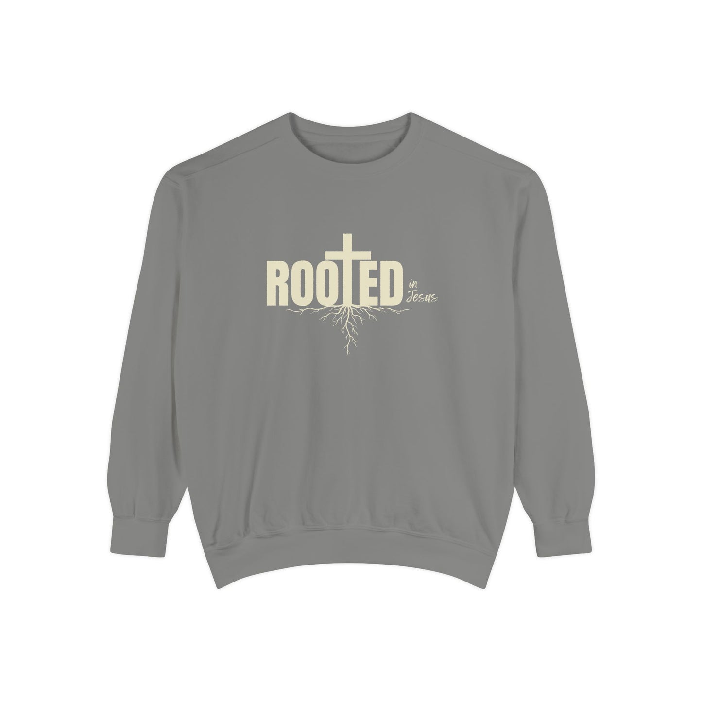 Rooted In Jesus Sweatshirt, Cozy Faith Apparel, Unisex Garment-Dyed Sweatshirt