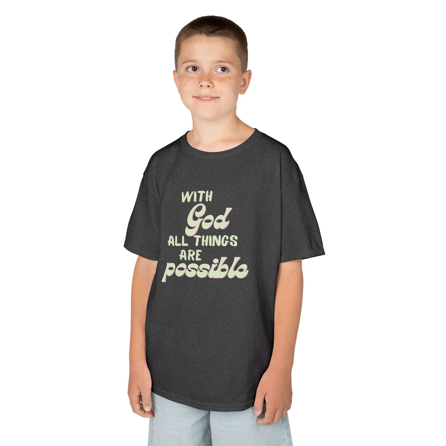 With God All Things Are Possible, Kids Inspirational Tee, Motivational T-Shirt for Children Faith-Based Apparel