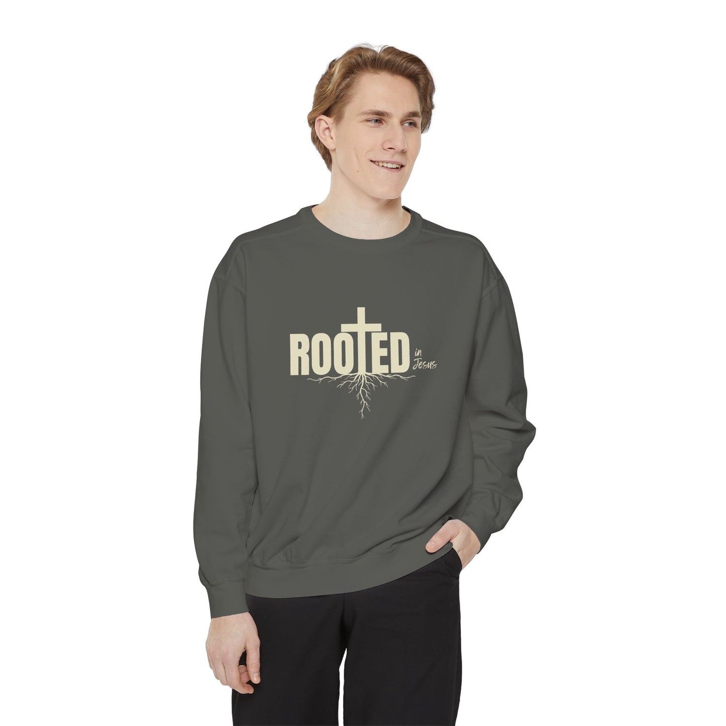 Rooted In Jesus Sweatshirt, Cozy Faith Apparel, Unisex Garment-Dyed Sweatshirt