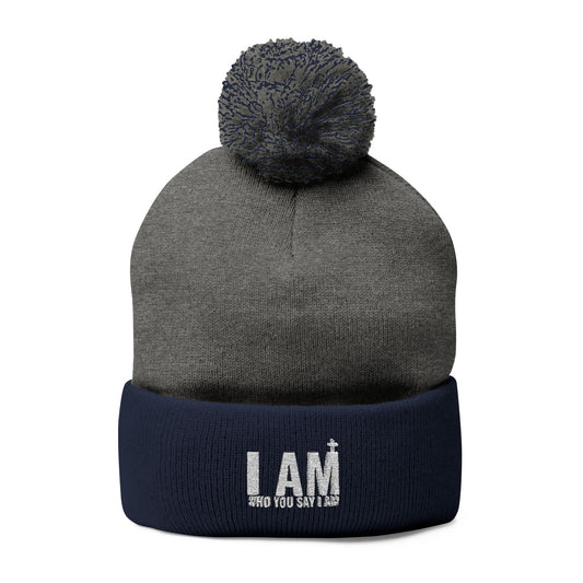 I Am Who You Say I Am, Cozy Embroidered Pom-Pom Knit Cap, Winter Hat, Beanie, Gift for Her, Customizable Cap, Warm Accessories