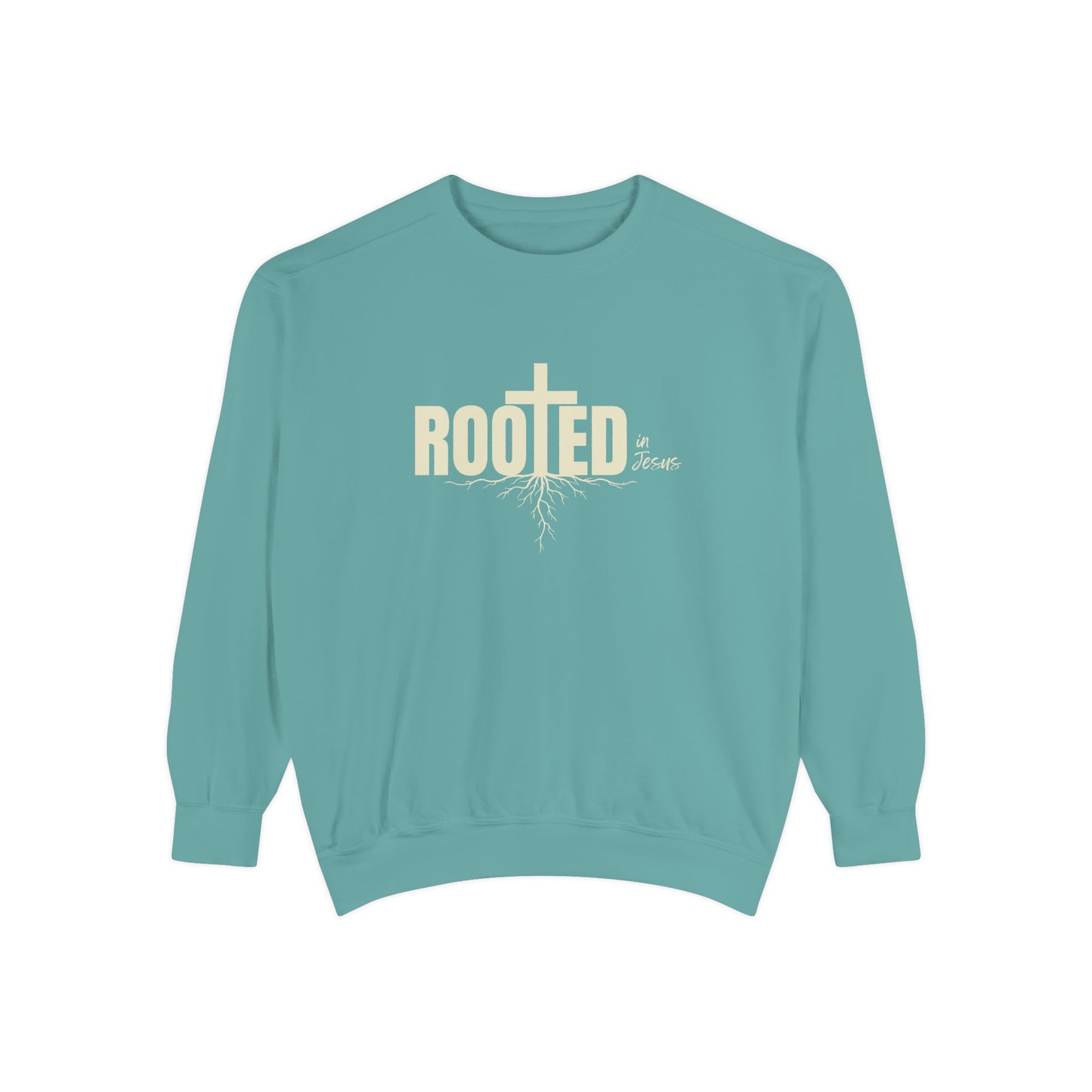Rooted In Jesus Sweatshirt, Cozy Faith Apparel, Unisex Garment-Dyed Sweatshirt