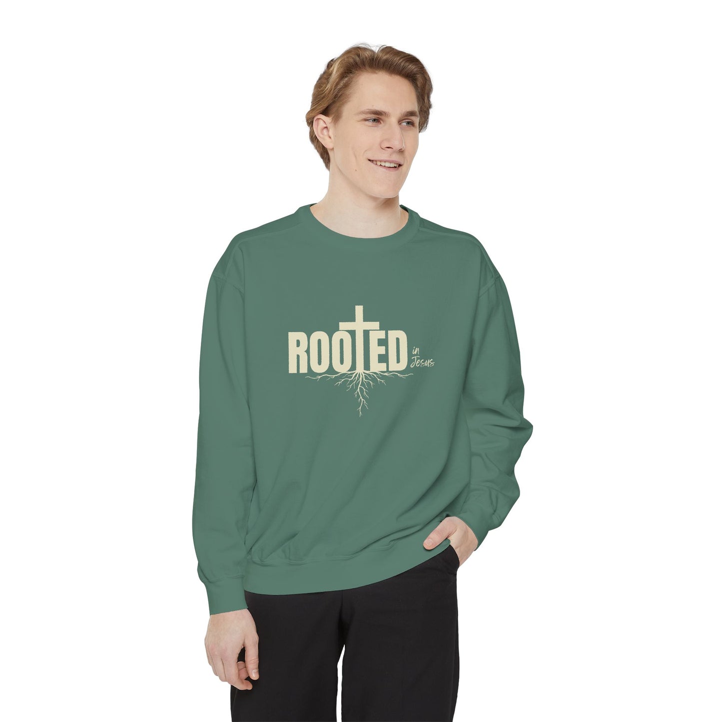 Rooted In Jesus Sweatshirt, Cozy Faith Apparel, Unisex Garment-Dyed Sweatshirt