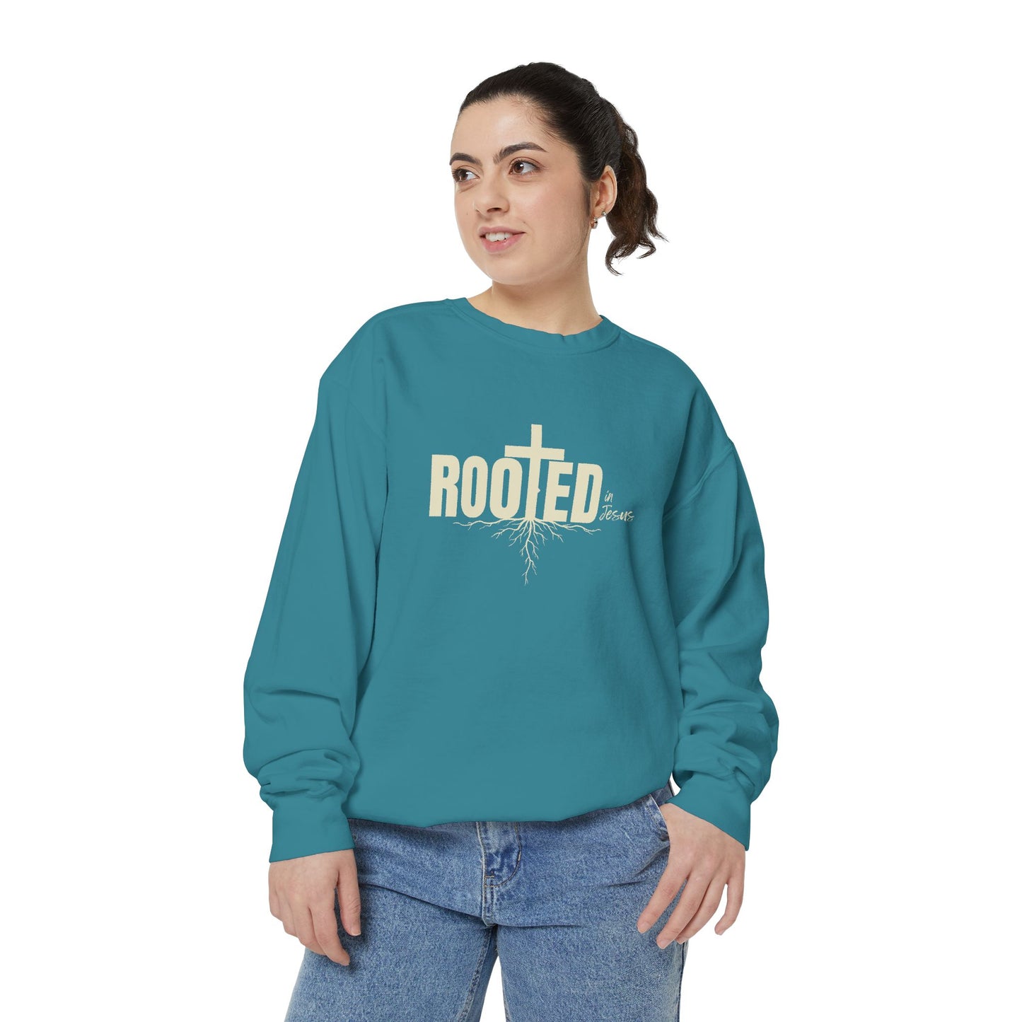 Rooted In Jesus Sweatshirt, Cozy Faith Apparel, Unisex Garment-Dyed Sweatshirt