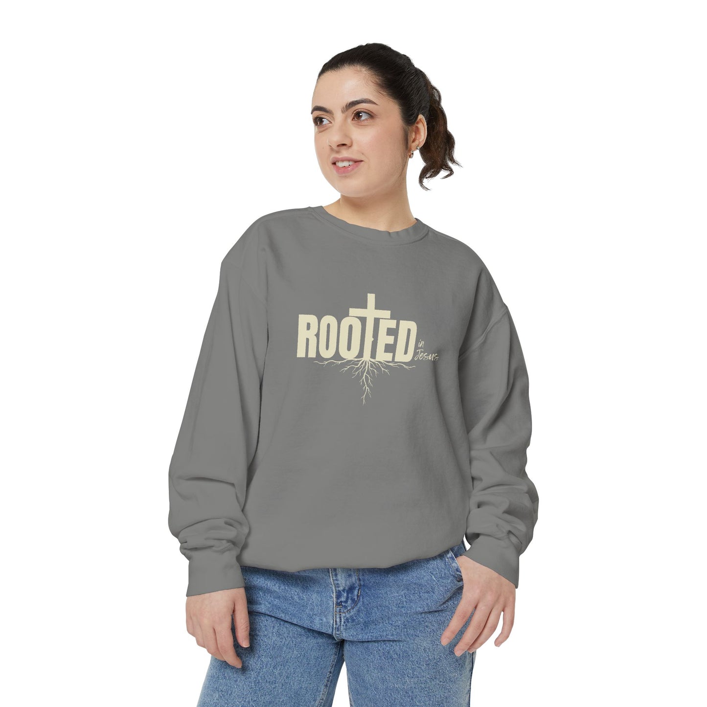 Rooted In Jesus Sweatshirt, Cozy Faith Apparel, Unisex Garment-Dyed Sweatshirt