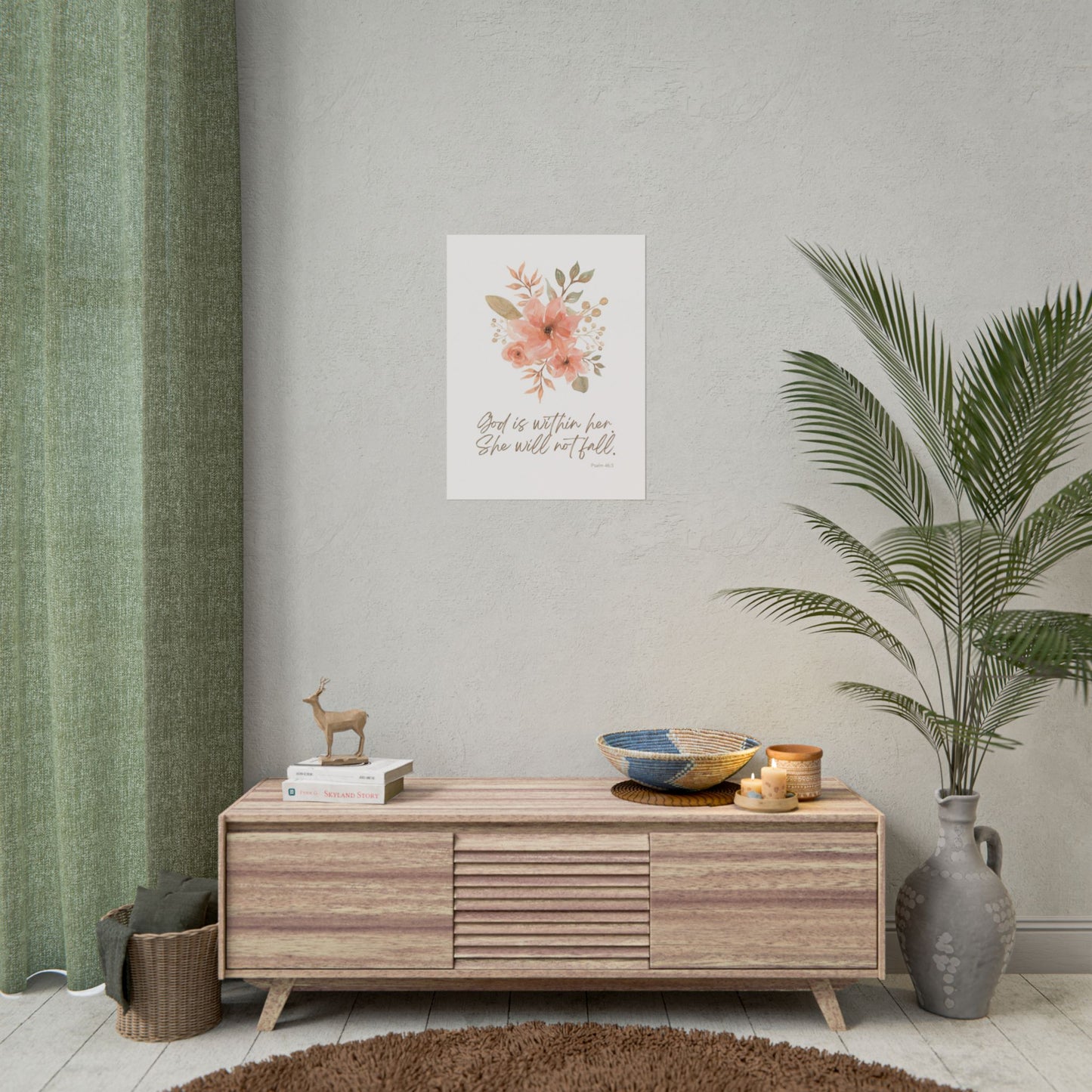 "God is within her; she will not fall" Pink Floral Scripture Art Print | Rolled Poster