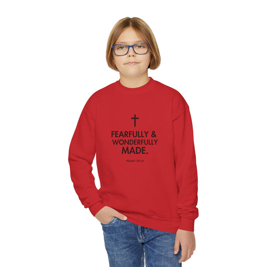Fearfully & Wonderfully Made, Youth Crewneck Sweatshirt, Faith-Inspired Gift, Christian Apparel
