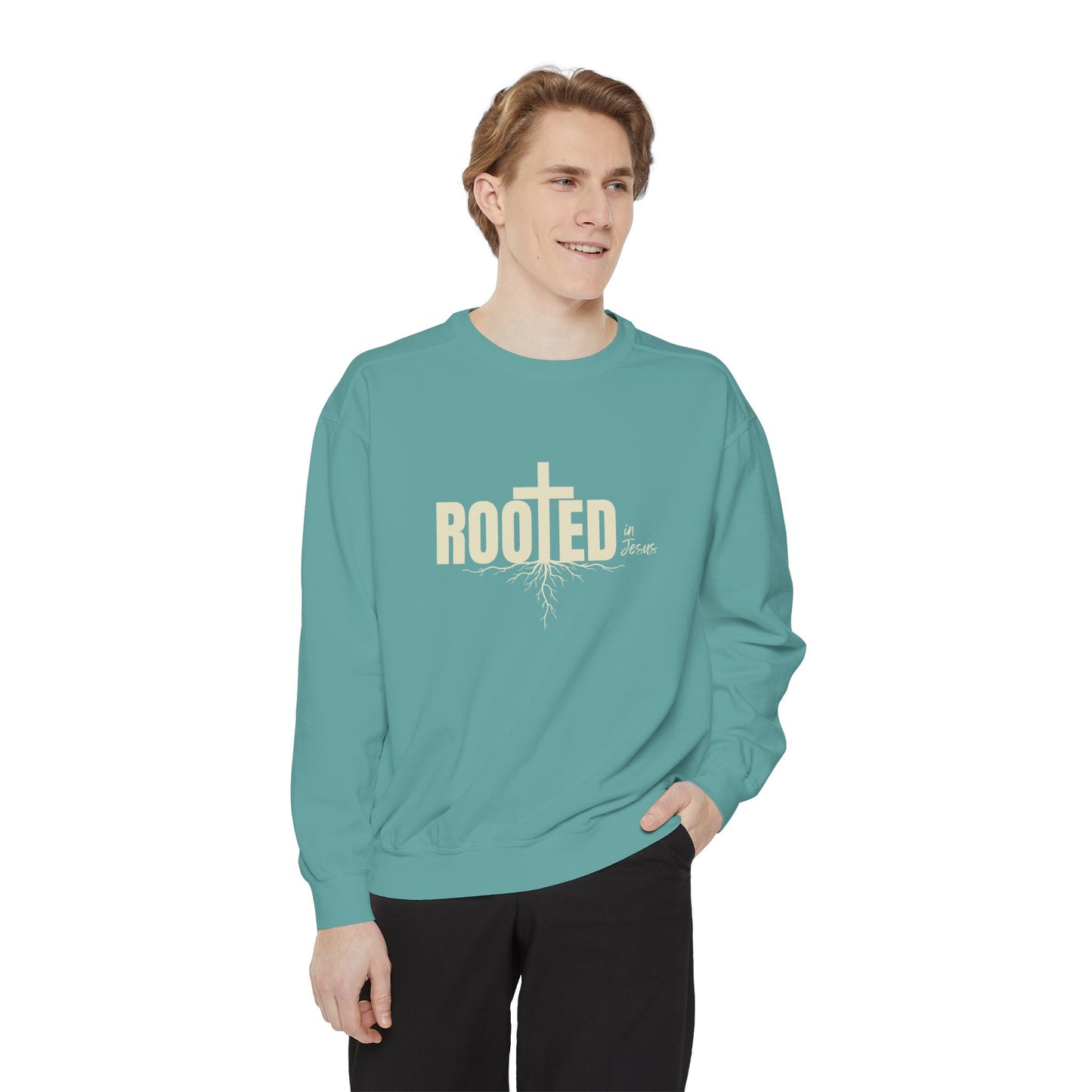Rooted In Jesus Sweatshirt, Cozy Faith Apparel, Unisex Garment-Dyed Sweatshirt